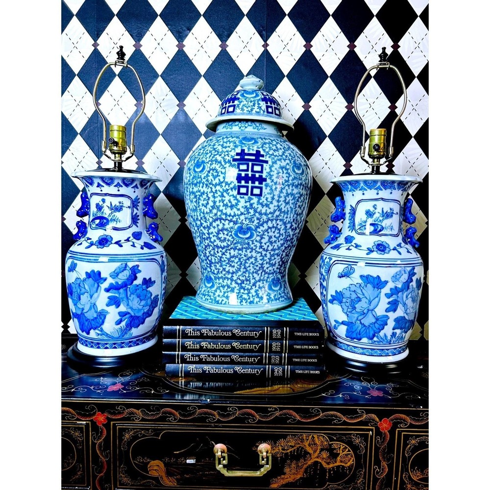 Large Blue White Ginger Jar Double Happiness Chinese Porcelain Temple Jar